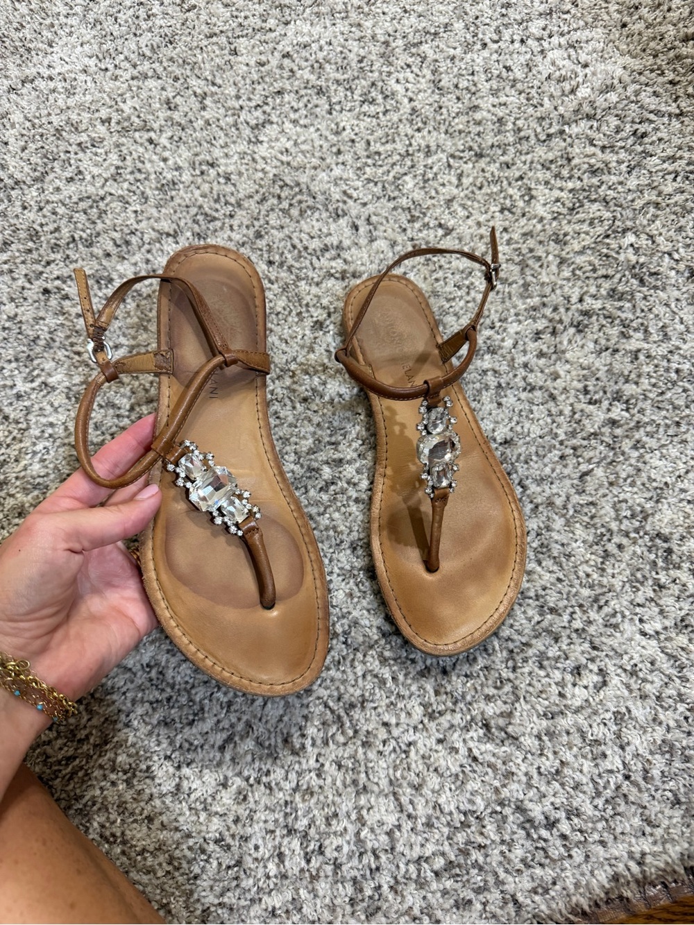 Antonio Melani Brown Jewel-Embellished Women’s T-Strap Sandals